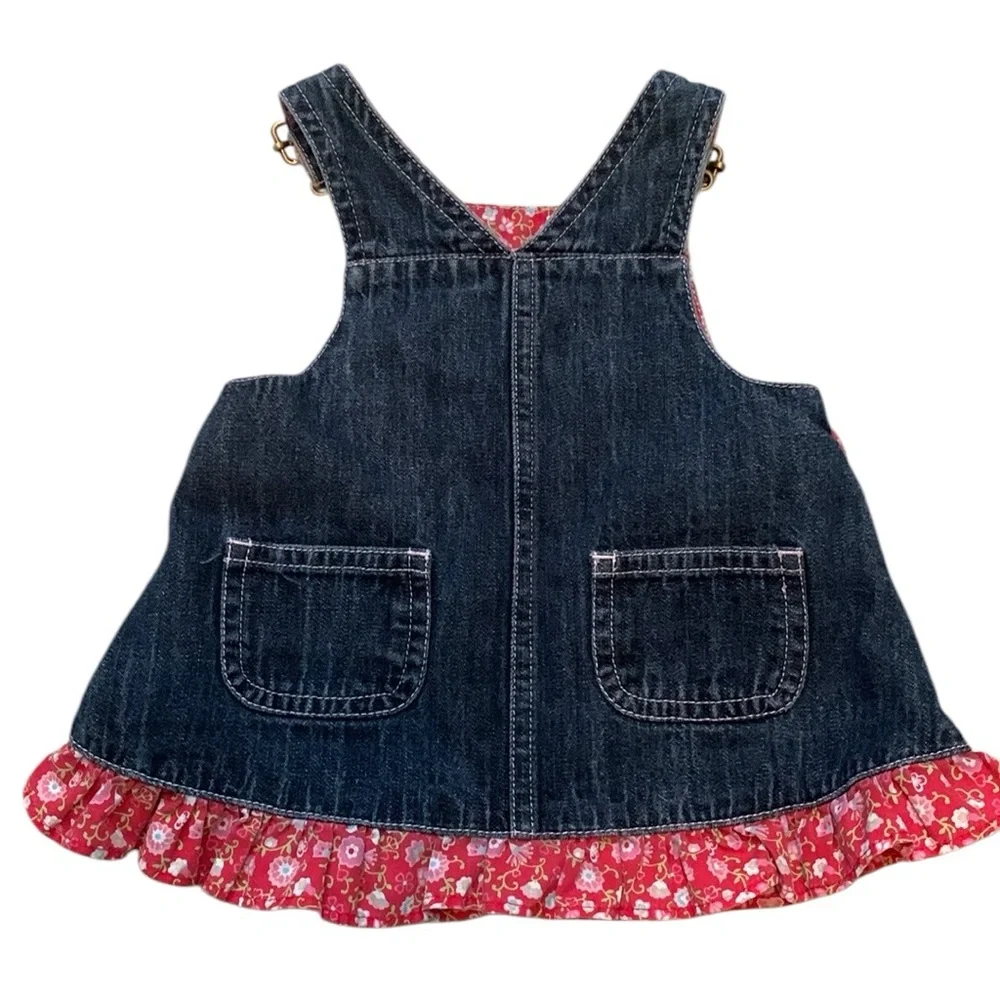 Gymboree Denim Floral Overall Jumper Dress 0-3 Months Pockets Cotton Red Blue